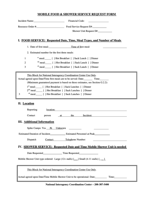 Mobile Food And Shower Service Request Form Printable pdf