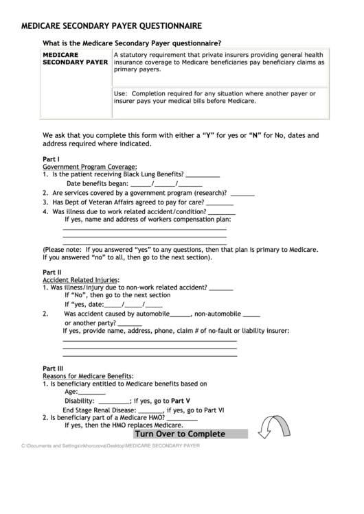 Fillable Medicare Secondary Payer Questionnaire Printable pdf