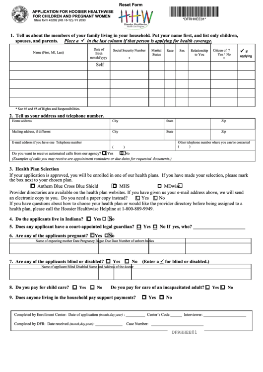Fillable Application For Hoosier Healthwise Printable pdf