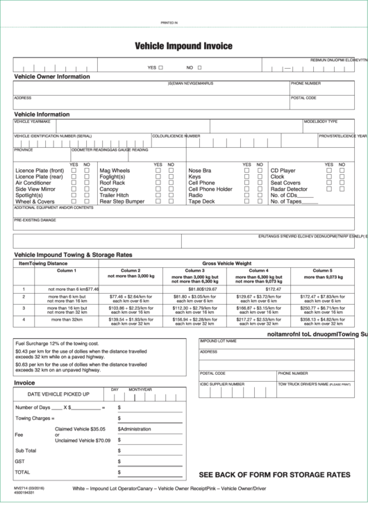 Vehicle Impound Invoice Template Printable pdf