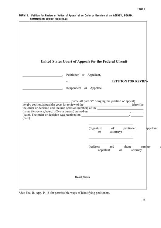 Fillable Form 5 - Petition For Review Or Notice Of Appeal Of An Order Or Decision Of An Agency, Board, Commission, Office Or Bureau Printable pdf