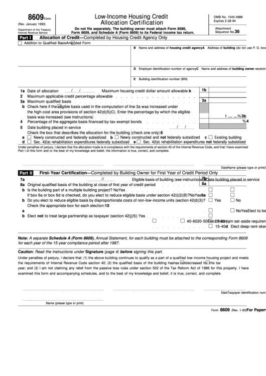 Form 8609 - Low-Income Housing Credit Allocation Certification Printable pdf