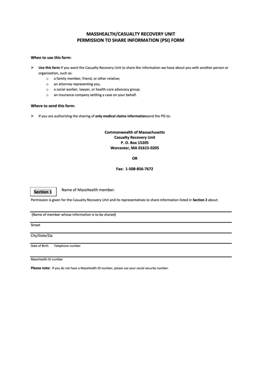 Masshealth/casualty Recovery Unit Permission To Share Information (Psi) Form Printable pdf