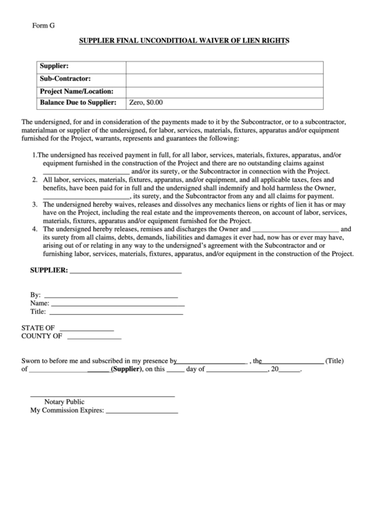 Fillable Form G - Supplier Final Unconditioal Waiver Of Lien Rights Printable pdf
