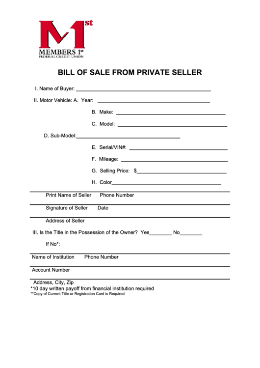 Fillable Bill Of Sale From Private Seller Printable pdf