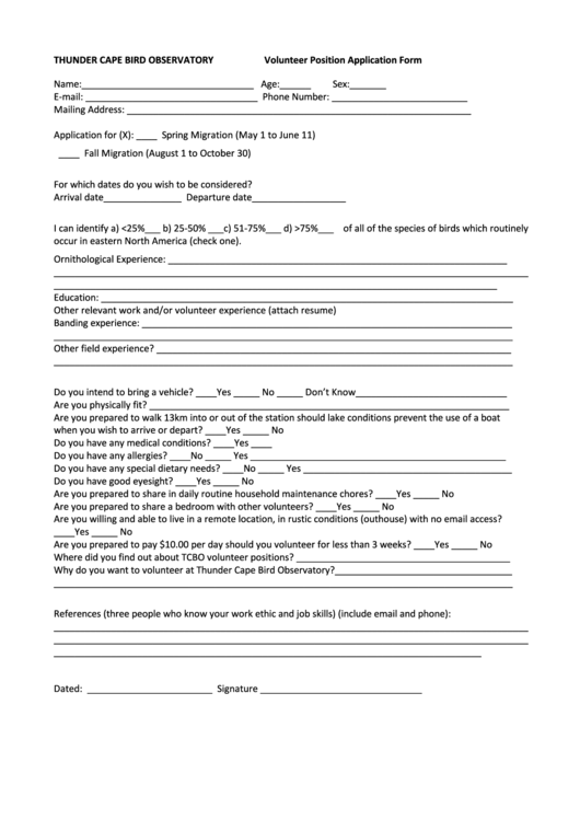 Fillable Thunder Cape Bird Observatory Volunteer Position Application Form Printable pdf