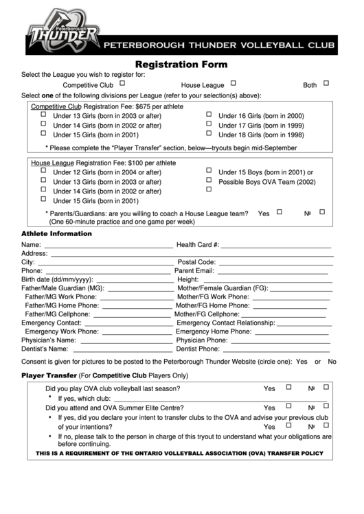 Registration Form - Peterborough Thunder Volleyball Club Printable pdf