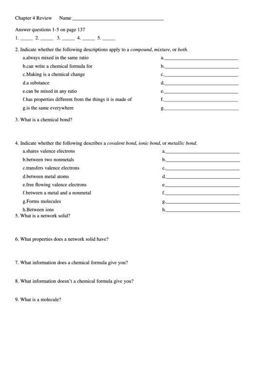Chemistry Worksheet Printable pdf