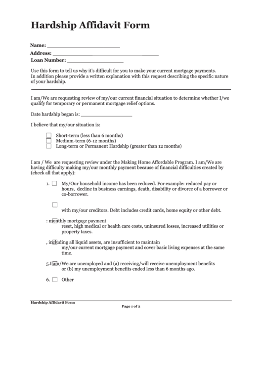 Fillable Hardship Affidavit Form Printable pdf