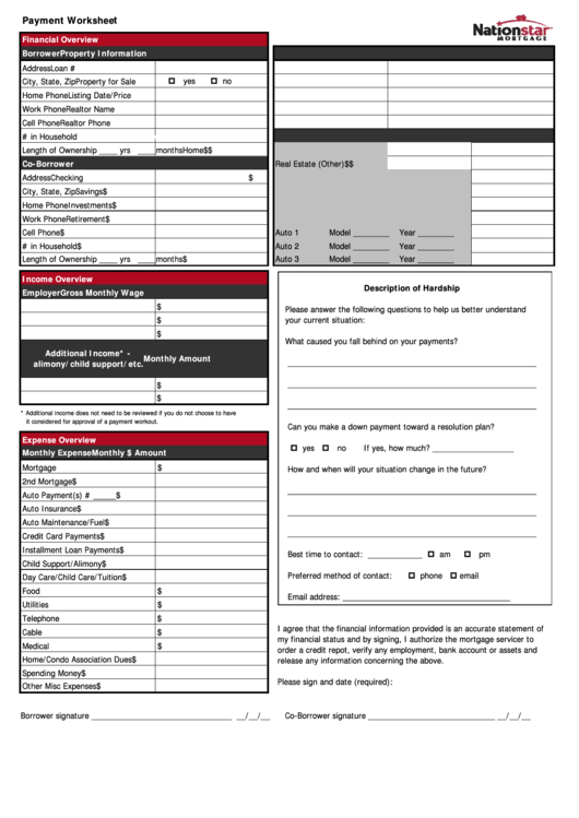 Fillable Payment Worksheet Printable pdf