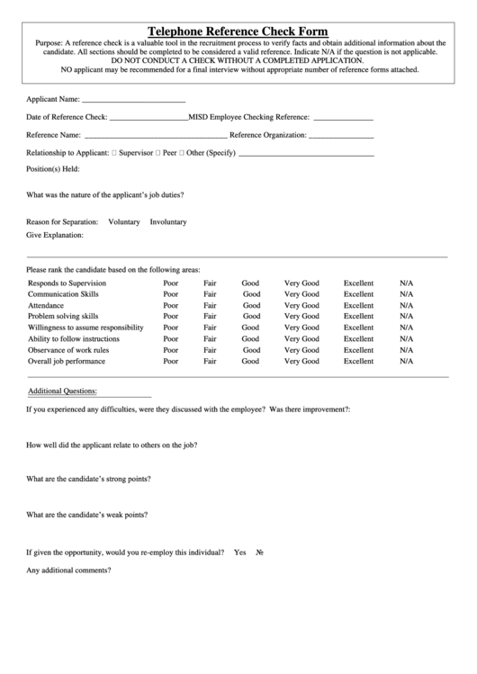 Telephone Reference Check Form Printable pdf