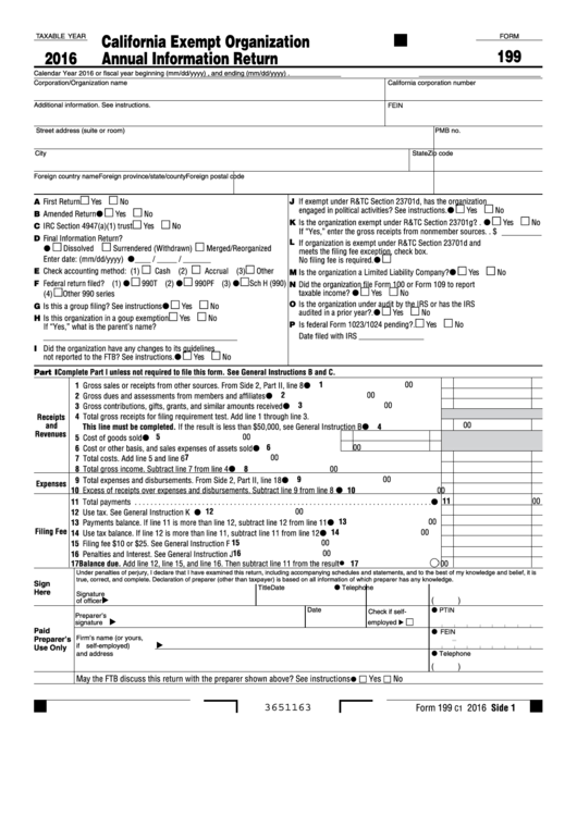 Fillable Form 199 - California Exempt Organization Annual Information Return - 2016 Printable pdf