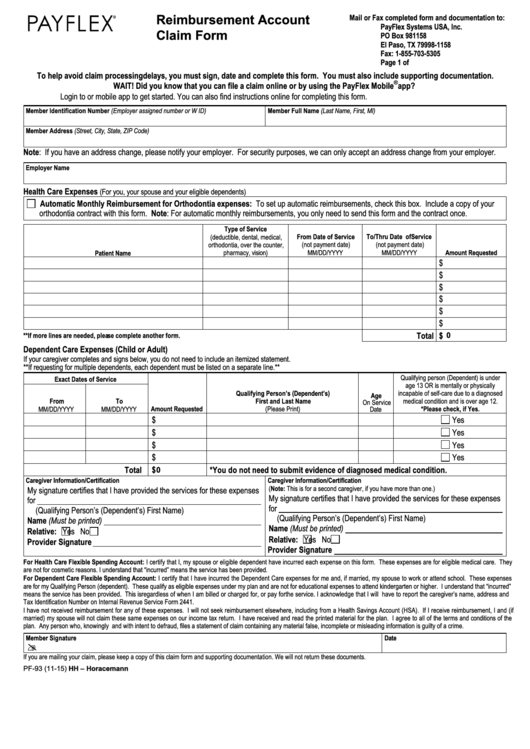Fillable Form Pf-93 - Reimbursement Form Printable pdf