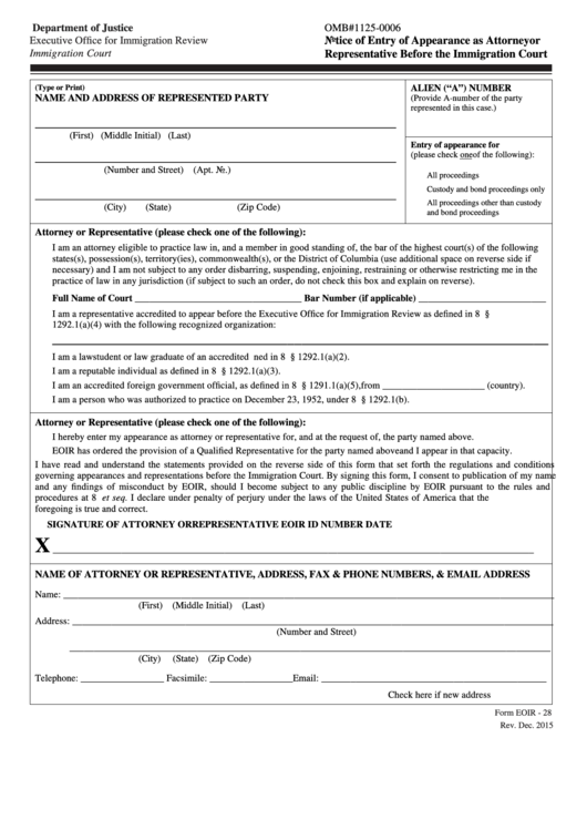 Form Eoir - 28 - Notice Of Entry Of Appearance As Attorney Or Representative Before The Immigration Court Printable pdf