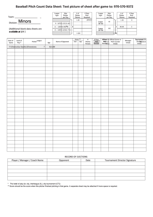 Fillable Baseball Pitch Count Data Sheet Printable pdf