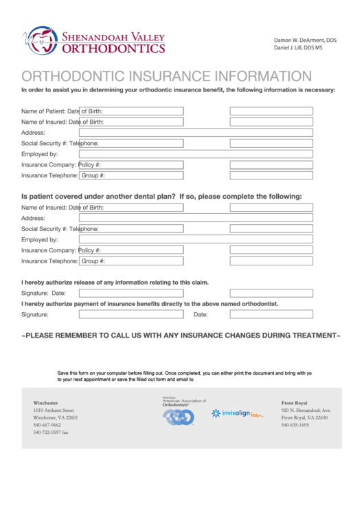 Fillable Orthodontic Insurance Information Form Printable pdf