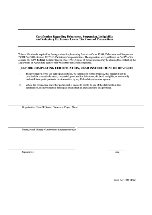 Form Ad-1048 - Certification Regarding Debarment, Suspension, Ineligibility And Voluntary Exclusion - Lower Tier Covered Transactions Printable pdf