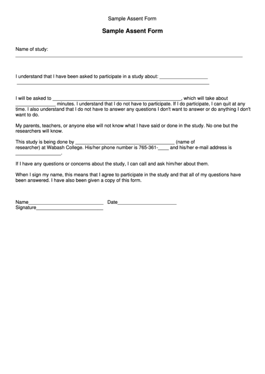 Sample Assent Form Printable pdf