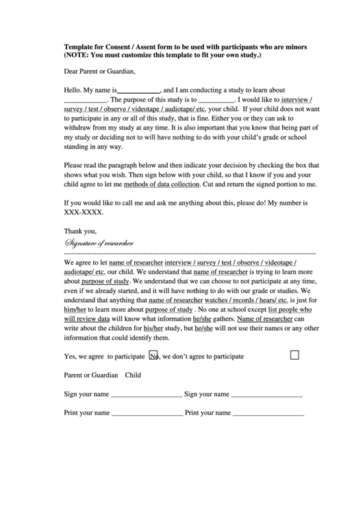 Template For Consent / Assent Form Printable pdf