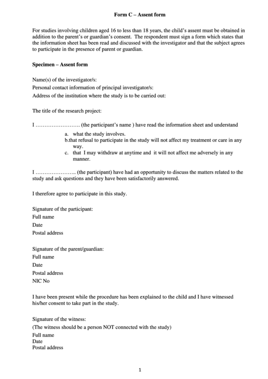 Form C - Assent Form Printable pdf