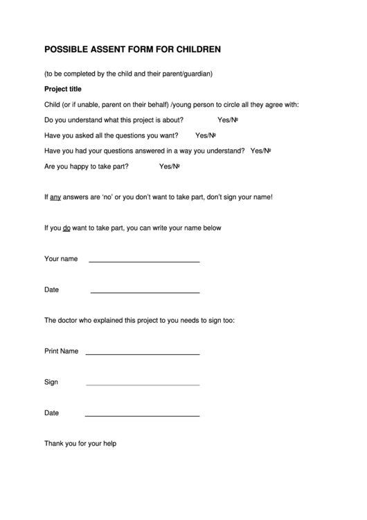 Possible Assent Form For Children Printable pdf