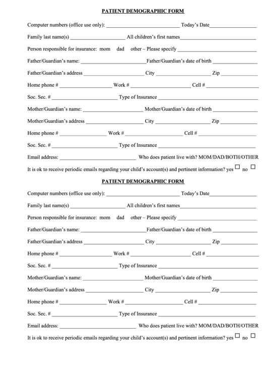 Fillable Patient Demographic Form Printable pdf