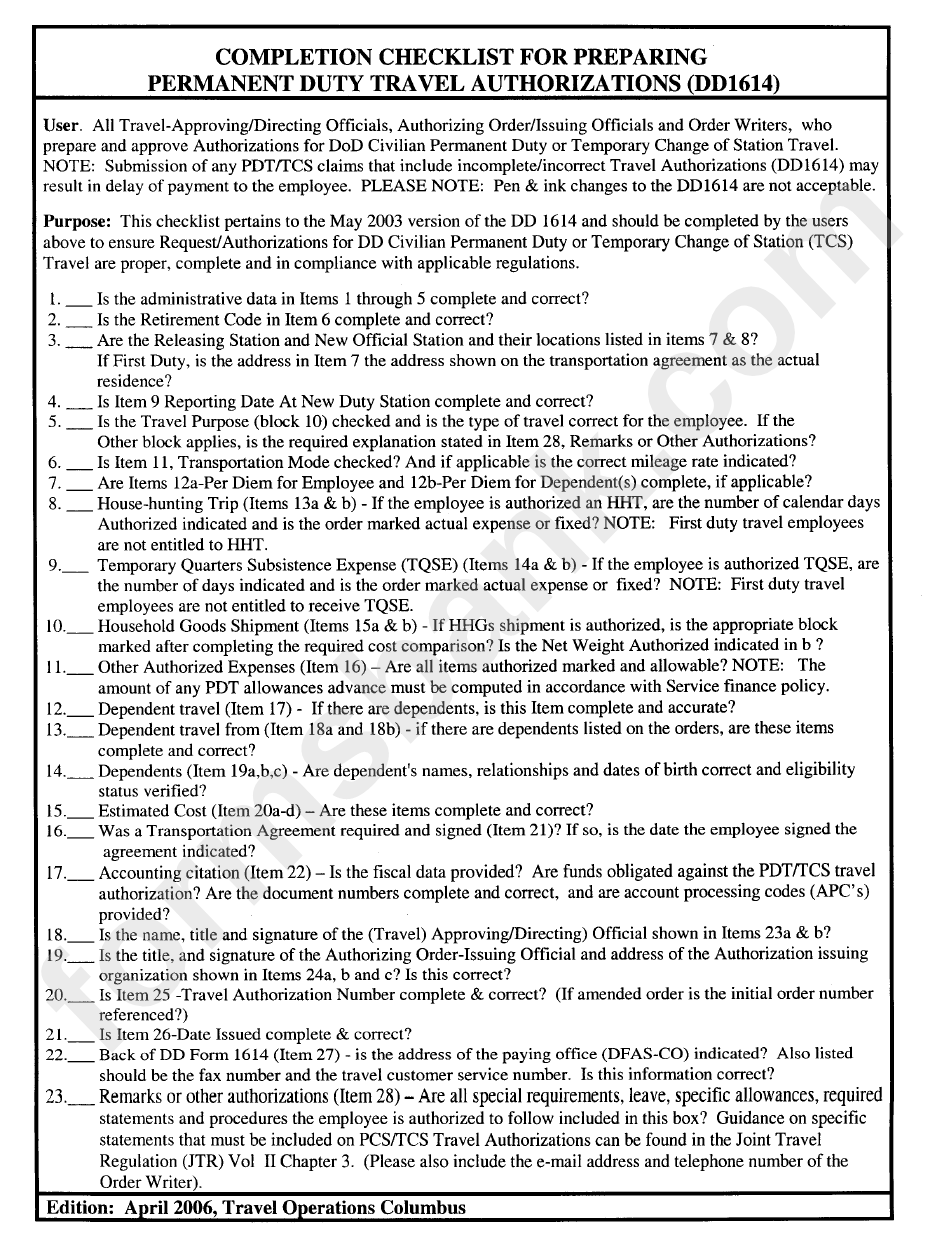 Dd Form 1614 Completion Checklist For Preparing Permanent Duty Travel