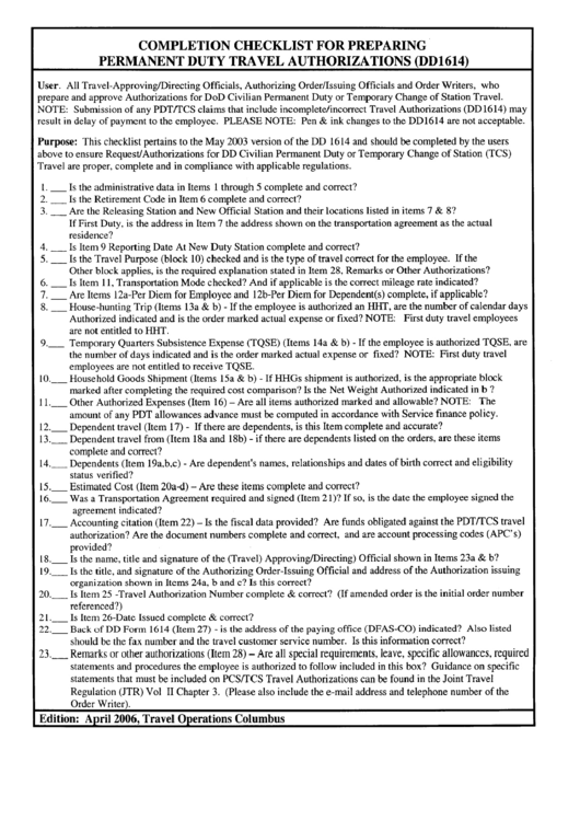 Dd Form 1614 - Completion Checklist For Preparing Permanent Duty Travel Authorizations Printable pdf