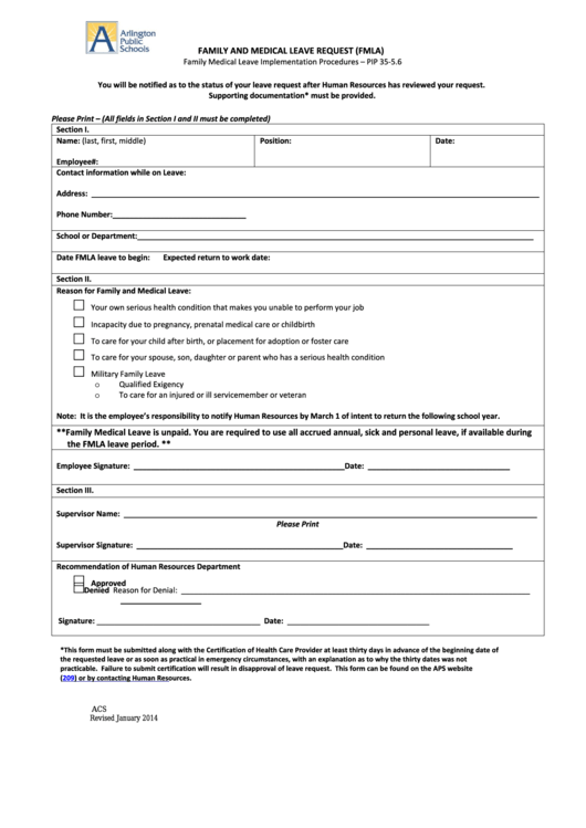 Family And Medical Leave Request Form (Fmla) - Arlington Public Schools Printable pdf