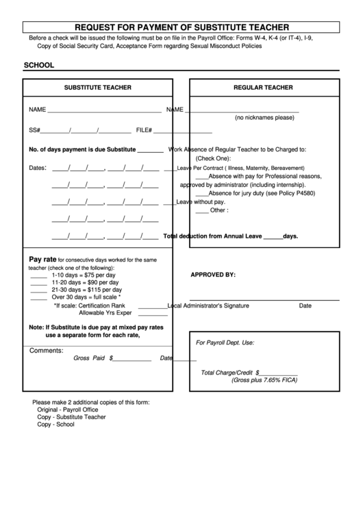 Request For Payment Of Substitute Teacher Printable pdf