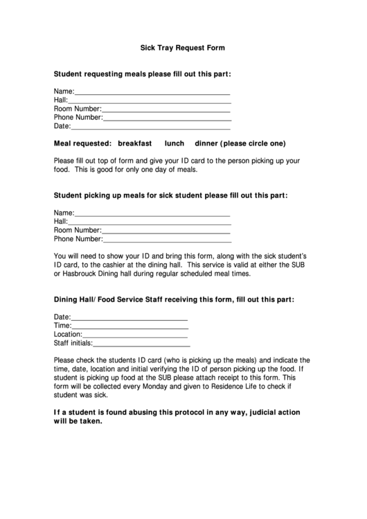 Sick Tray Request Form Printable pdf