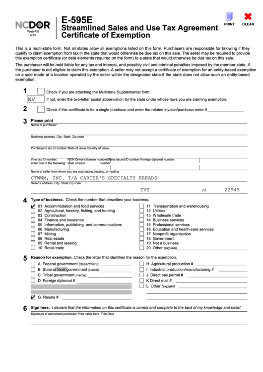 Fillable Form E-595e - Streamlined Sales And Use Tax Agreement Certificate Of Exemption - 2015 Printable pdf