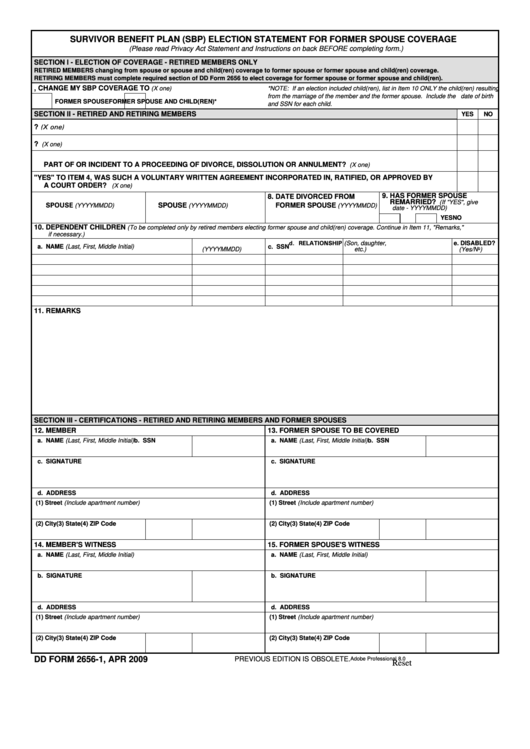 Dd Form 2656-1 - Sbp Election Statement For Former Spouse Coverage - April 2009
