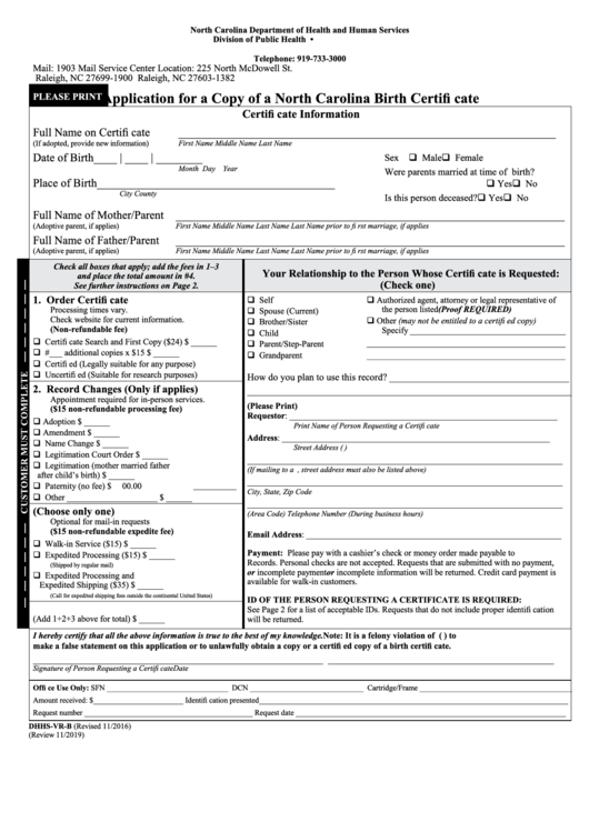Form Dhhs-vr-b - Application For A Copy Of A North Carolina Birth Certificate