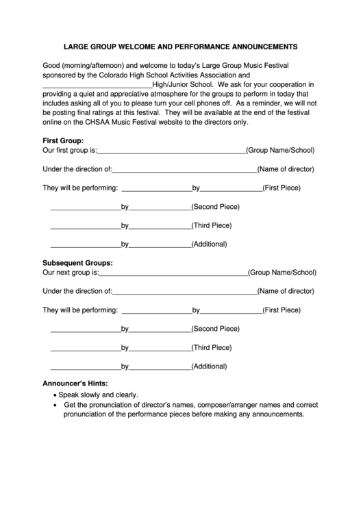 Large Group Welcome And Performance Announcement Form - Colorado High School Activities Association Printable pdf
