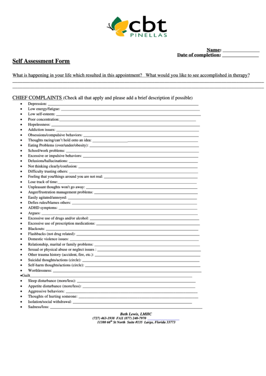 Self Assessment Form - Cbt Pinellas Printable pdf