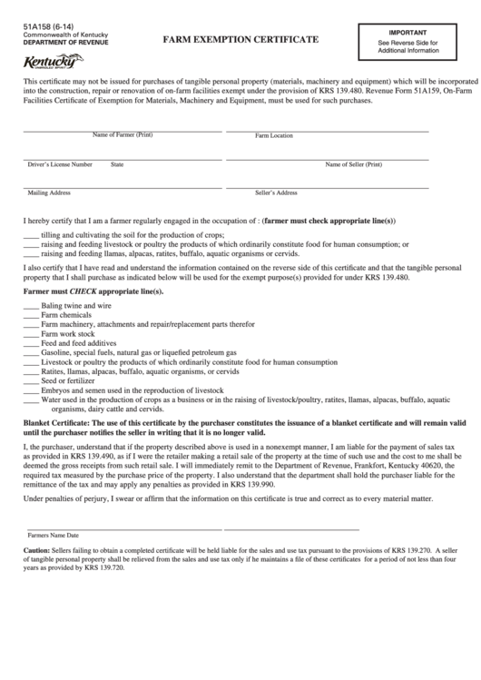 Farm Exemption Certificate printable pdf download