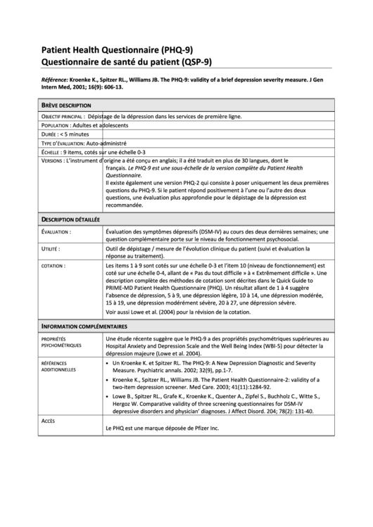 Patient Health Questionnaire Printable pdf