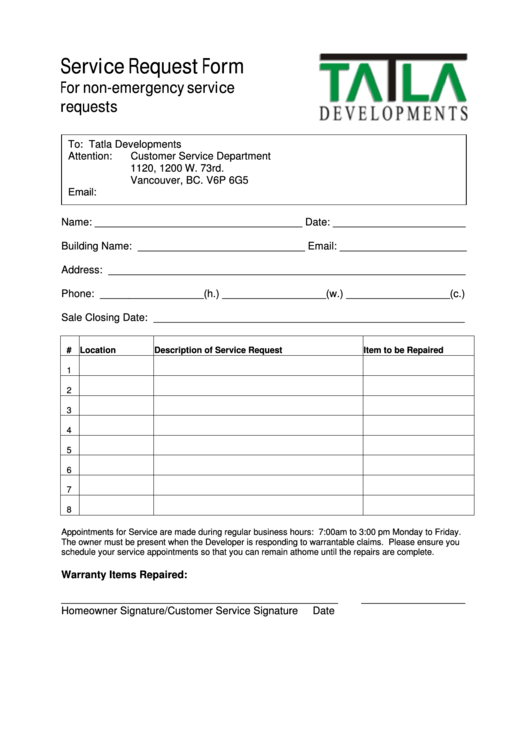 Fillable Service Request Form Printable pdf