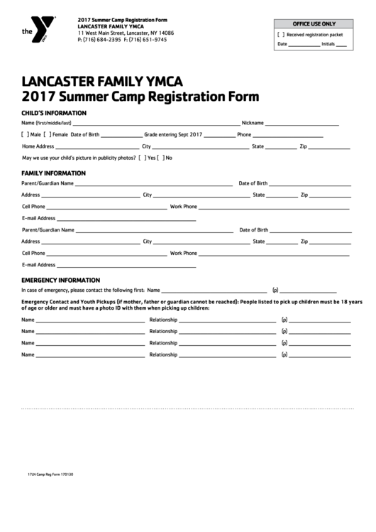 Lancaster Family Ymca 2017 Summer Camp Registration Form printable pdf ...