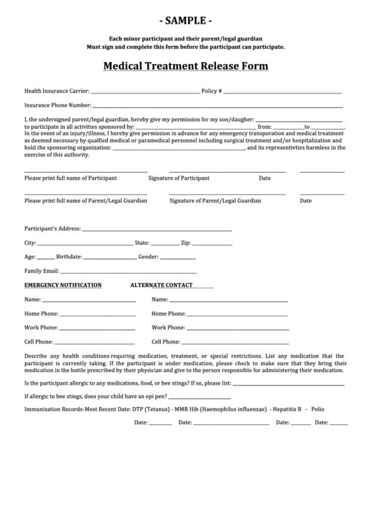 Medical Treatment Release Form Printable pdf