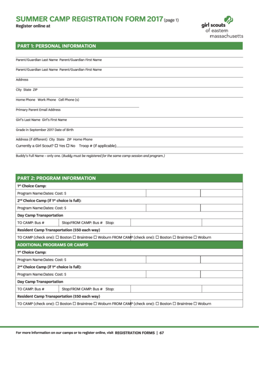Summer Camp Registration Form - 2017 Printable pdf