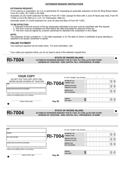 Fillable Form Ri-7004 - Automatic Extension Request For Ri-1120c, Ri-1120s And Ri-1065 Filers Printable pdf