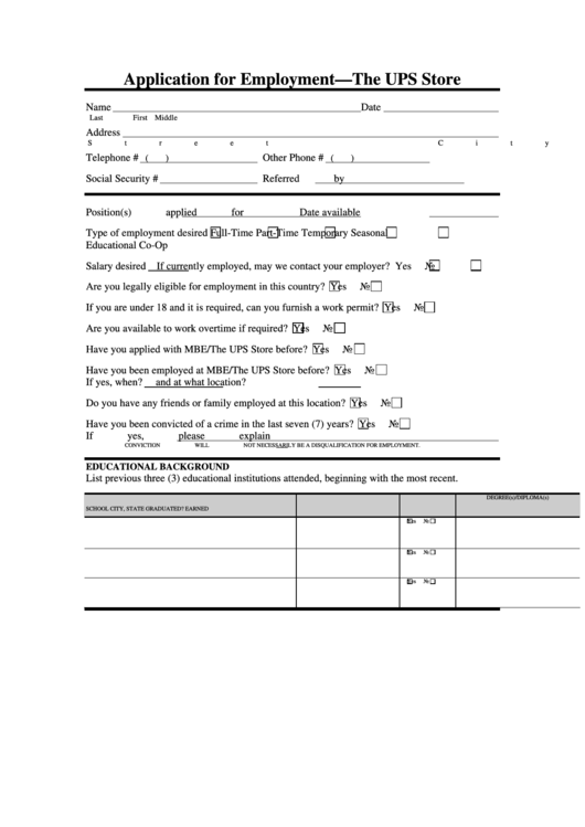 Application For Employment-The Ups Store - Job Application Review Printable pdf