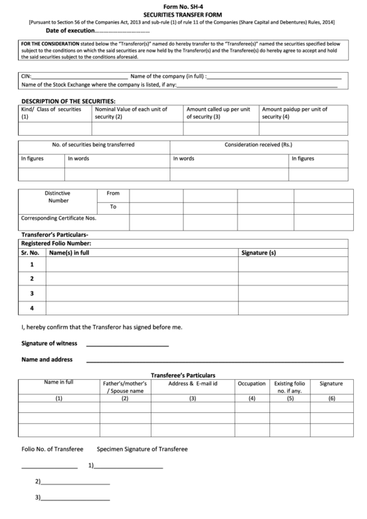 Form No. Sh-4 Securities Transfer Form Printable pdf
