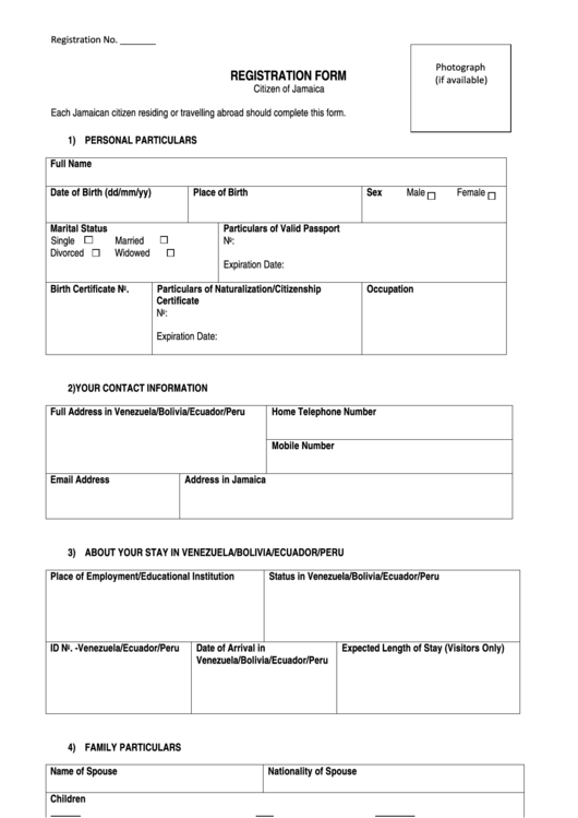 Fillable Citizen Of Jamaica Registration Form - Embassy Of Jamaica To The Bolivarian Republic Of Venezuela, Caracas Printable pdf