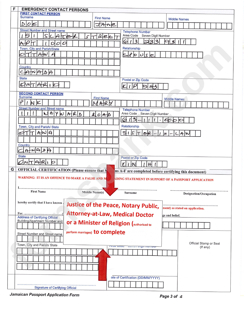 Sample Filled-In Jamaican Passport Application Form