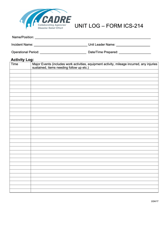 Unit Log - Form Ics-214 - Cadre Printable pdf