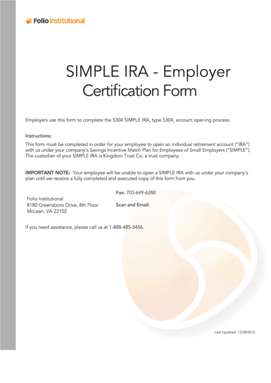 Simple Ira - Employer Certification Form - Azzad Funds