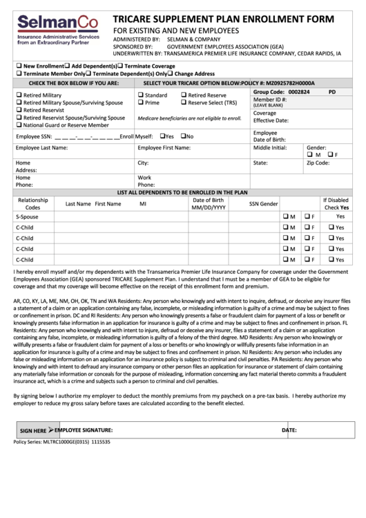 Fillable Tricare Supplement Plan Enrollment Form Printable pdf